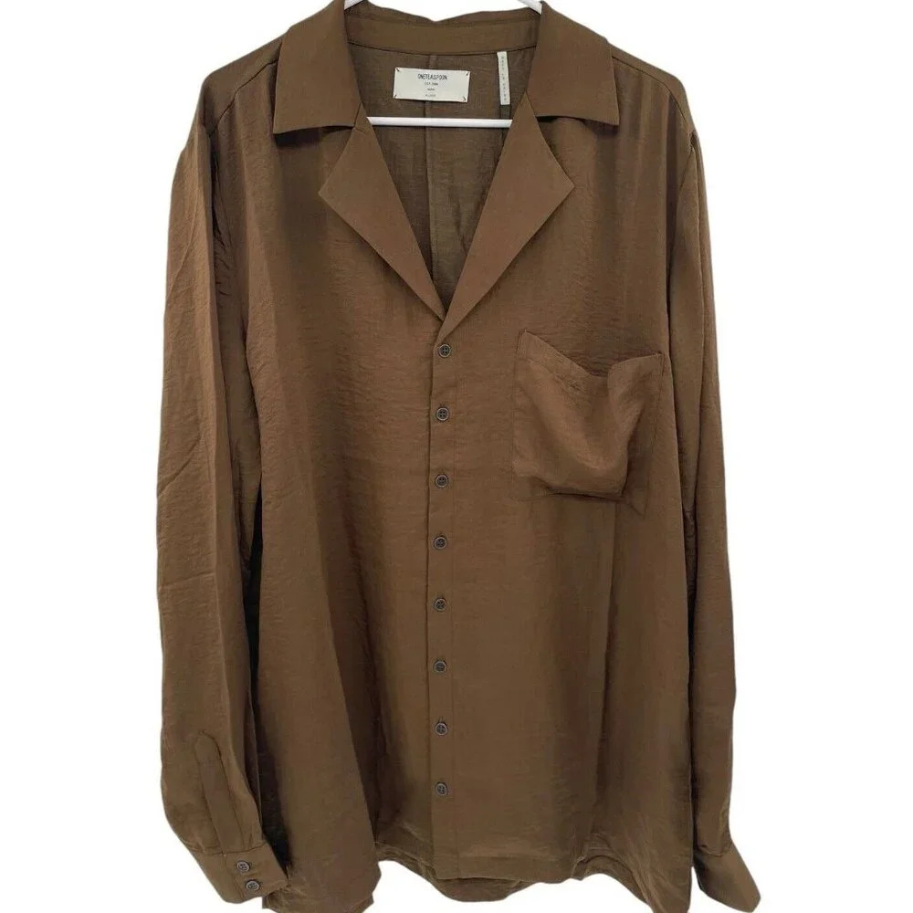 One Teaspoon Men's Faux Silk Shirt Button Front Bronze Brown Size XL